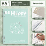 Notebook with 'BE HAPPY' text and illustrations on a green background