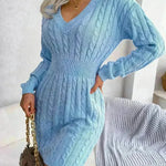 Solid Color V-Neck Long Sleeve Slim fit Winter Knit Mini  sweater Dress Slim - EX-STOCK CANADA
