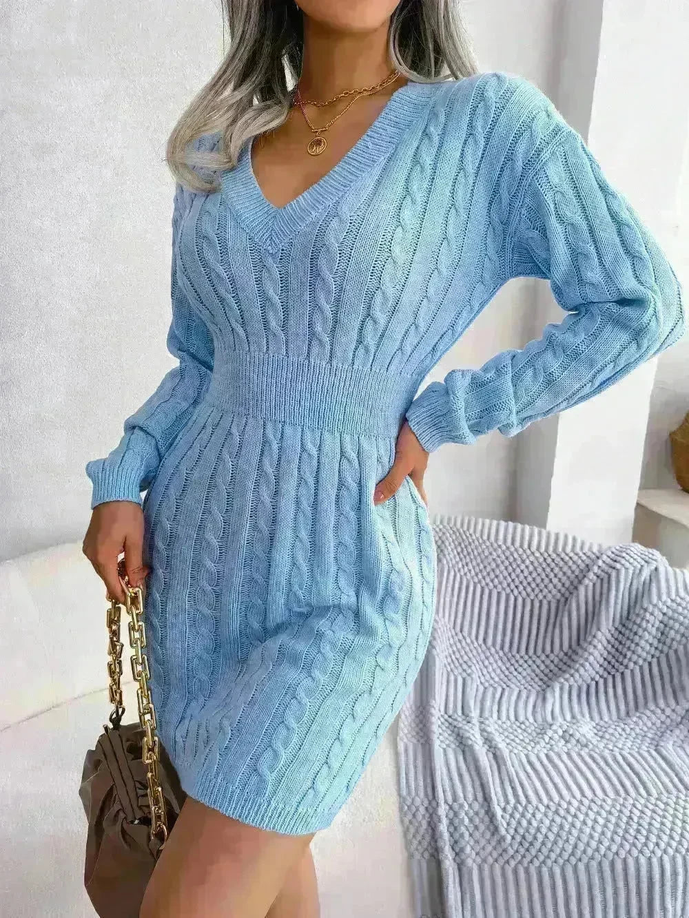 Solid Color V-Neck Long Sleeve Slim fit Winter Knit Mini  sweater Dress Slim - EX-STOCK CANADA
