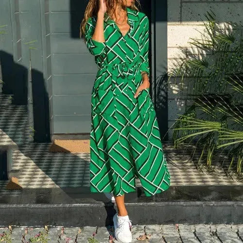 Stripe Shirt Women's Dress Spring Summer Chiffon V-neck Sexy Maxi Dresses Sexy Elegant Casual Girl Lace Women Long Sleeve - EX-STOCK CANADA