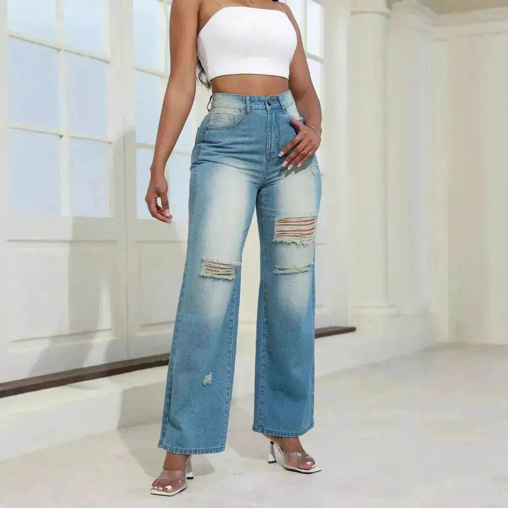 Fashion High Waist Ripped Jeans pants With Pockets Comfortable Slim Fit Denim Trousers Straight Wide-leg jeans Pants - EX-STOCK Canada