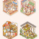 Illustrations of cute animal characters in a small town setting with various shops and activities.