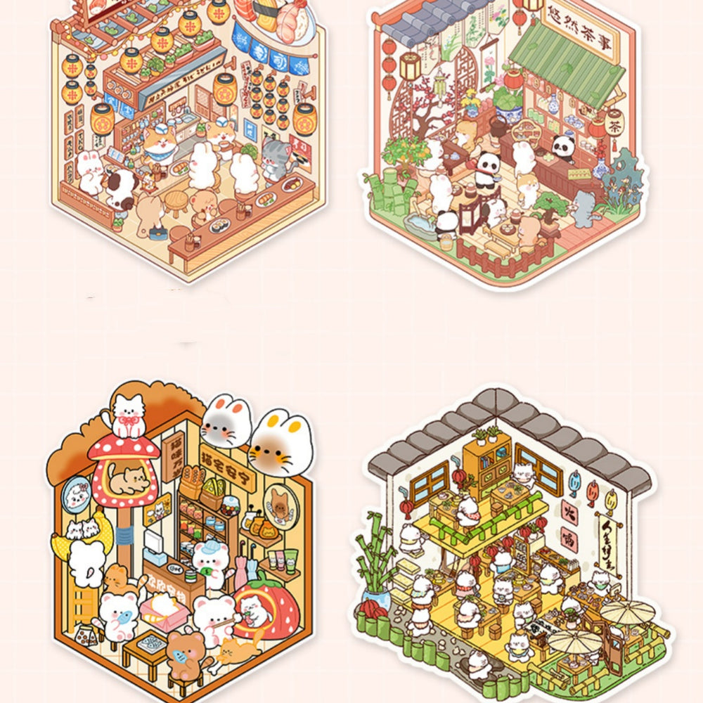 Illustrations of cute animal characters in a small town setting with various shops and activities.