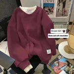 Women Round-neck With Fleece Lining Thick Fake Two Pieces Long Sleeve Loose Hoodie Sweatshirt - EX-STOCK CANADA