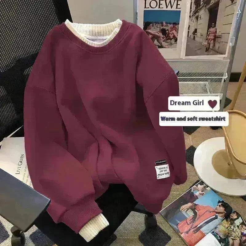 Women Round-neck With Fleece Lining Thick Fake Two Pieces Long Sleeve Loose Hoodie Sweatshirt - EX-STOCK CANADA