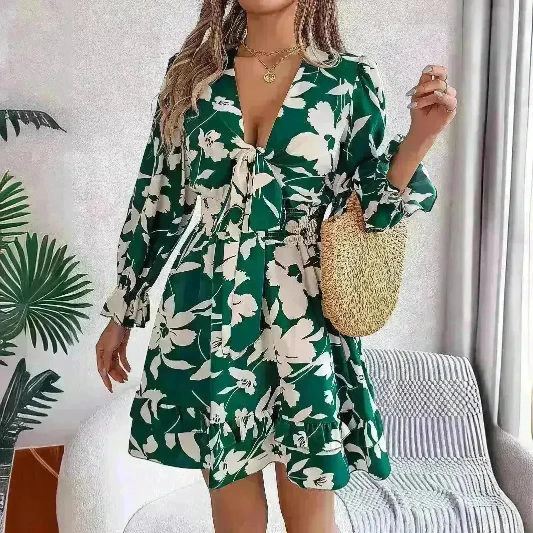 New Floral Printed V-Neck Long Sleeve Dress Fashion Ruffles Bowknot A-Line Short Mini  Skater Dress Women's Clothing - EX-STOCK CANADA