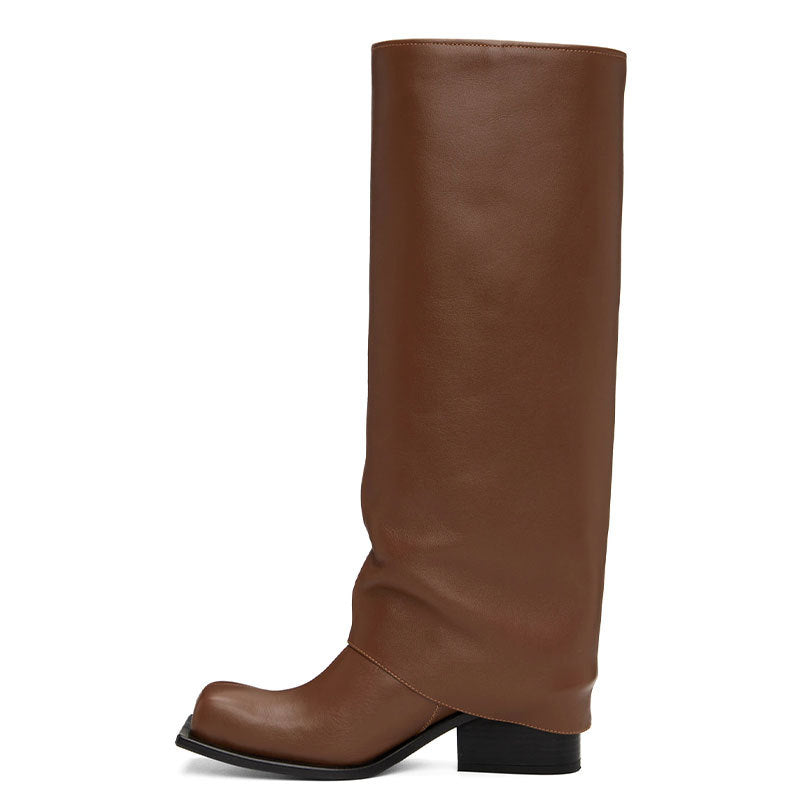 Brown knee-high boot on a white background
