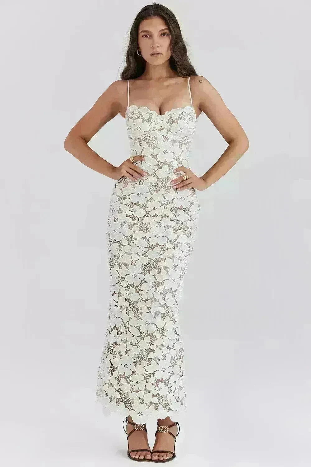 Women White Lace Wedding Dinner Party Cocktail Bodycon Spaghetti Strap Split Long Dress - EX-STOCK CANADA