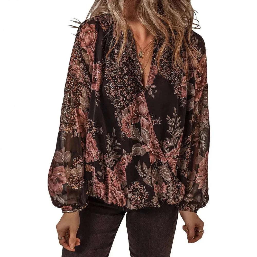 V-neck Long Sleeve Top Floral Print Women's Chiffon blouse Women - EX-STOCK CANADA