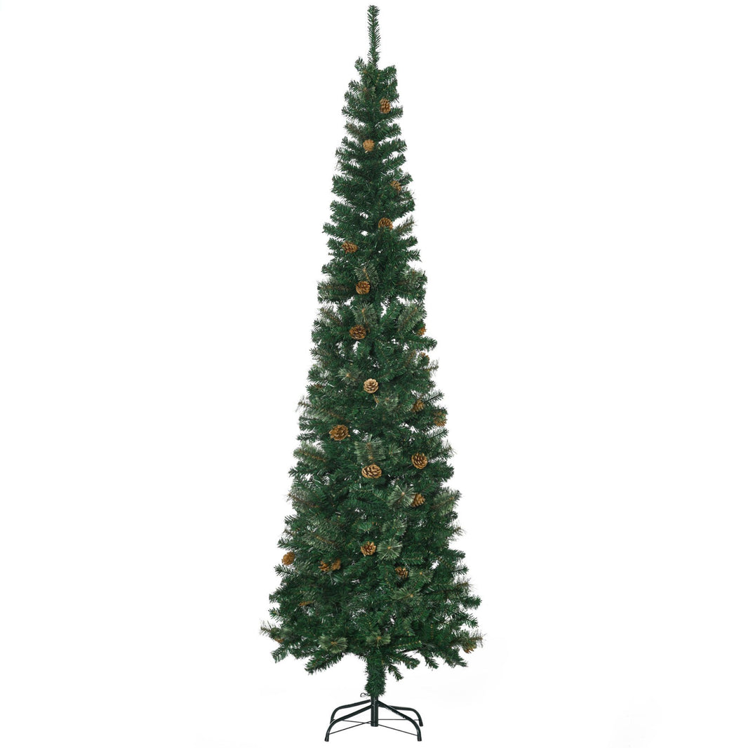 7.5ft Pencil Christmas Tree, Artificial Christmas With Pine Needles, Realistic Branches, Pine Cones, Metal Base, Green EX-STOCK Canada 