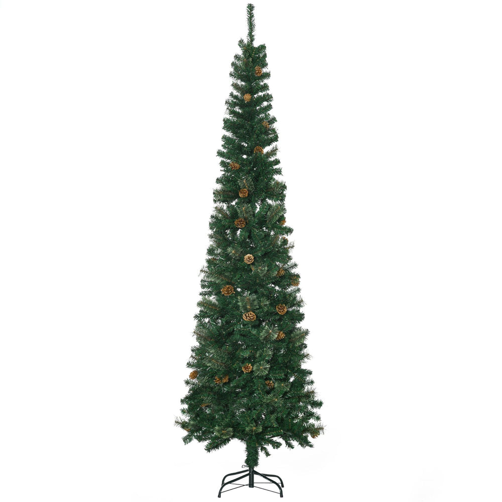 7.5ft Pencil Christmas Tree, Artificial Christmas With Pine Needles, Realistic Branches, Pine Cones, Metal Base, Green EX-STOCK Canada 