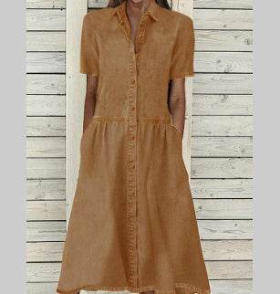 Women's European And American Lapel Casual loose button down Midi Denim jeans Mum Dress - EX-STOCK Canada