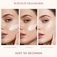 Step-by-step process of applying a cosmetic product to the face with text 'Watch it transform just 30 seconds'.