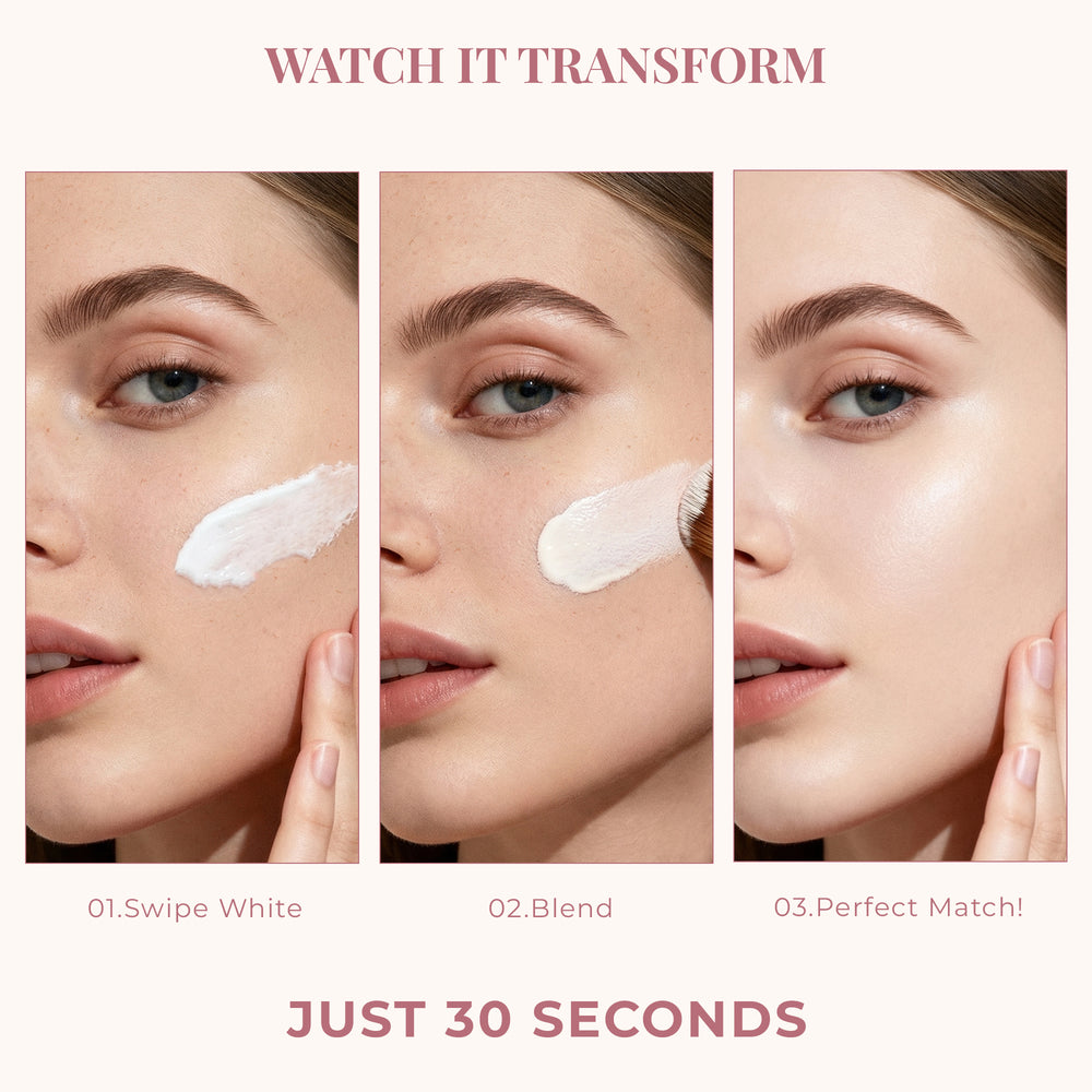 Step-by-step process of applying a cosmetic product to the face with text 'Watch it transform just 30 seconds'.