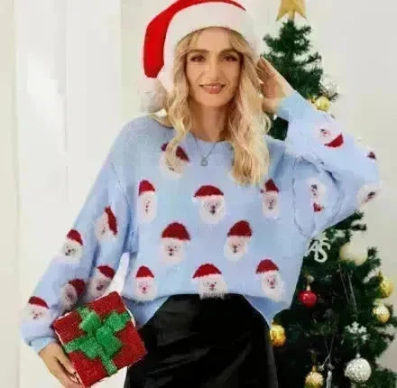 Christmas Sweater Women Cute Cartoon Santa Print Knit Sweater Winter Tops - EX-STOCK CANADA