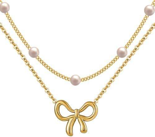 Simple Pearl Double Layer Choker Fashion Gold Color Necklaces Chain Small Bow Pendant Necklace Jewelry Gifts For Women Fashion Jewelry Valentine's Day Gifts - EX-STOCK Canada