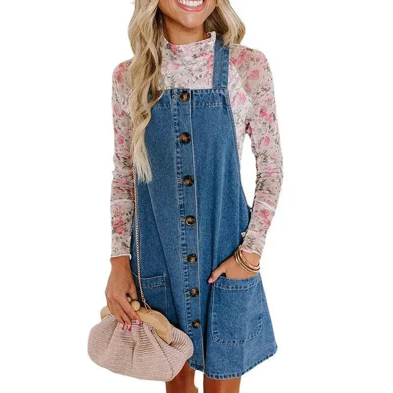 Loose Mini Denim Brace Jeans Jumper Dress - EX-STOCK CANADA