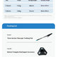 A product information graphic with a size specification table and packing list. The top section shows a size table with measurements in centimeters, weights in grams, storage length, and suitable height for three pole sizes.