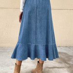 Ladies Fashion Casual Ruffled Blue Denim Maxi Skirt Women - EX-STOCK Canada