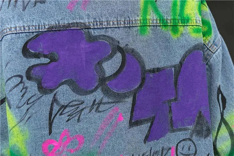 Oversized Graffiti Print Denim Jacket Women Loose Fried Street fashion - EX-STOCK CANADA