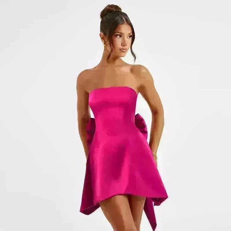 Women's Mini Tube Dress With Big Bow Summer Fashion Tube Top Short Skater Dress. - EX-STOCK CANADA