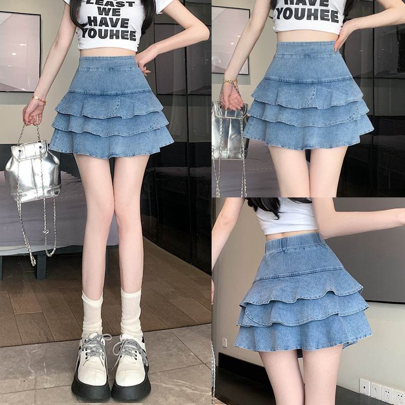 Elastic Jeans High Waist Layer Denim short mini flare skirt - EX-STOCK Canada