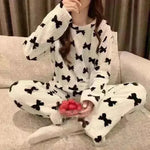 2pcs Women's Fall Winter Warm Pajamas Sets Coral Long Sleeve Cute Cartoon Bear Sleepwear Nightclothes - EX-STOCK CANADA