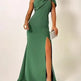 Bow tie One shoulder Green Evening Dress Slit Formal dress - EX-STOCK CANADA
