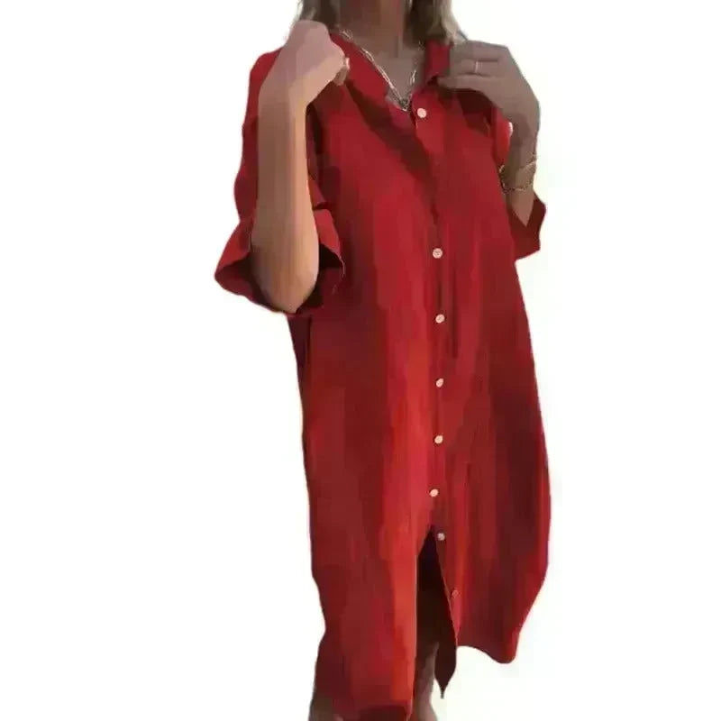 Women Loose Casual Half Sleeve Cotton Linen Buttoned down  Shirt Dress - EX-STOCK CANADA