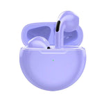 Purple wireless earbuds in a charging case on a white background