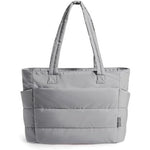 Gray tote bag with multiple compartments on a white background
