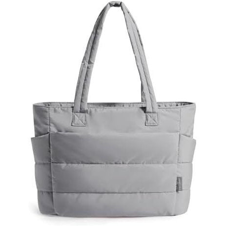 Gray tote bag with multiple compartments on a white background