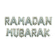 Silver foil balloon letters spelling out 'RAMADAN MUBARAK' in two lines on a plain white background.