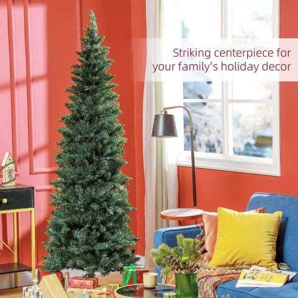 7ft Tall Pencil Artificial Christmas Tree With 687 Branch Tips With Steel Base, Green EX-STOCK Canada 