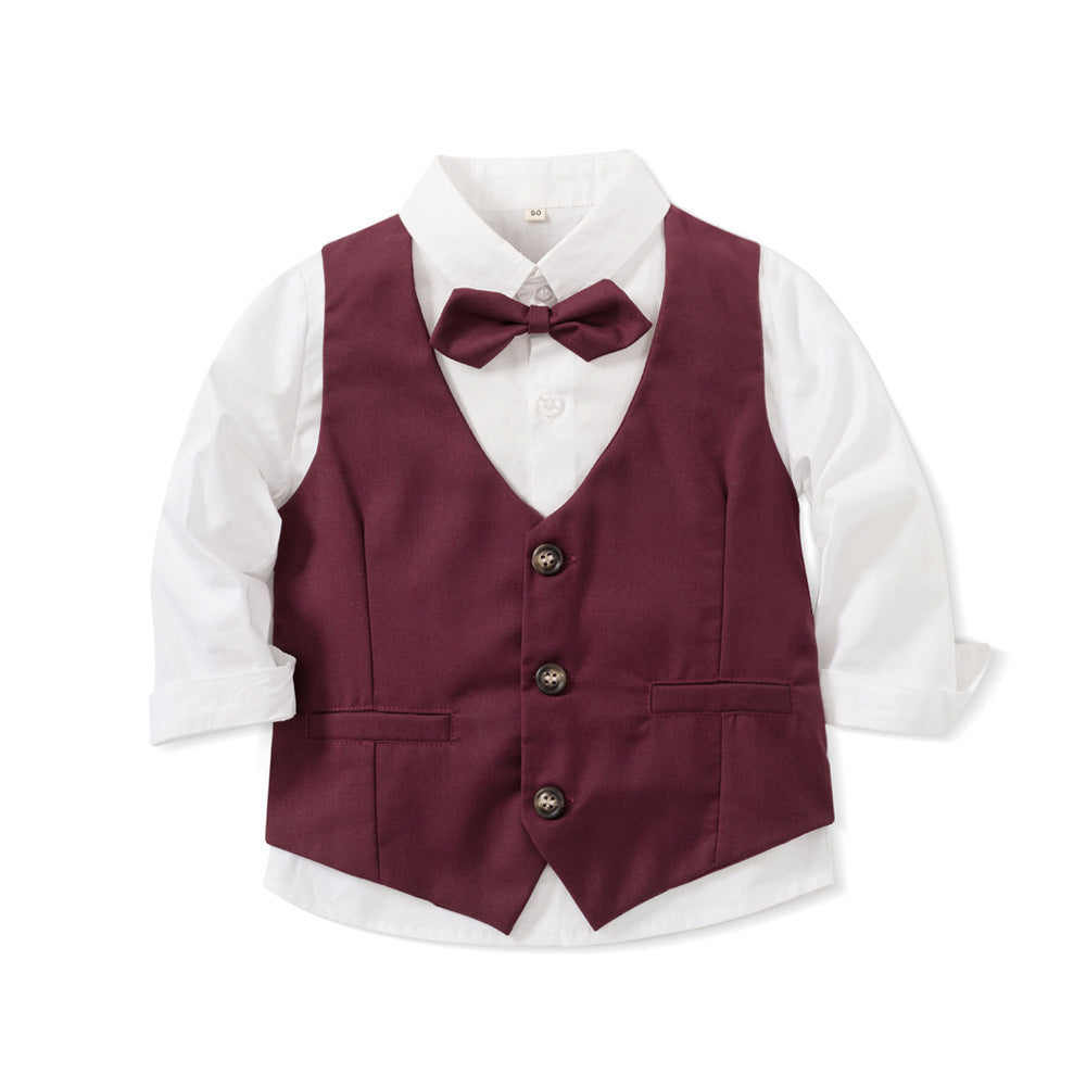 Children's formal outfit with a maroon vest and bow tie on a white background