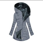 Gray puffer jacket with fur-lined hood on a white background