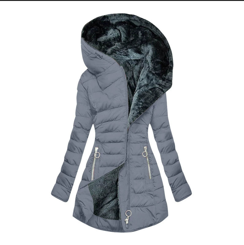 Gray puffer jacket with fur-lined hood on a white background