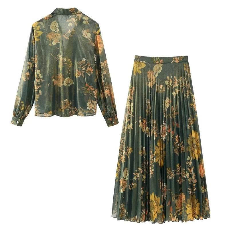2pcs Floral Satin Skirt suit Long sleeve button shirt and Pleated Midi Skirt Outfit set - EX-STOCK Canada