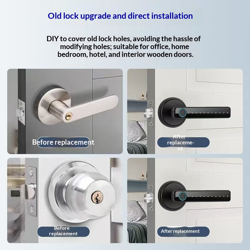Promotional graphic for a lock replacement kit showing before-and-after installation on doors. The top text reads 'Old lock upgrade and direct installation' and 'DIY to cover old lock holes, avoiding the hassle of modifying holes; suitable for office, home, bedroom, hotel, and interior wooden doors.