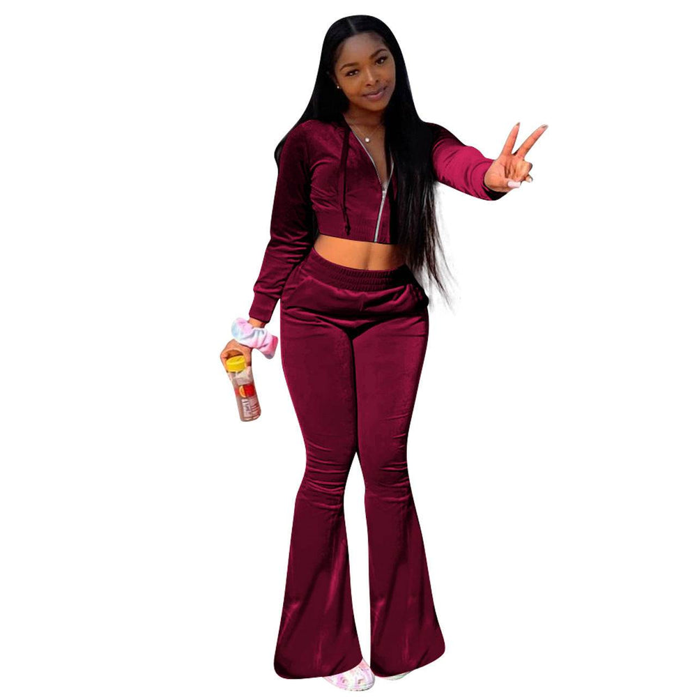 Women 2pcs Velvet Hoodie Wide leg Pant Crop top sweatsuit Athleisure Outfit - EX-STOCK Canada