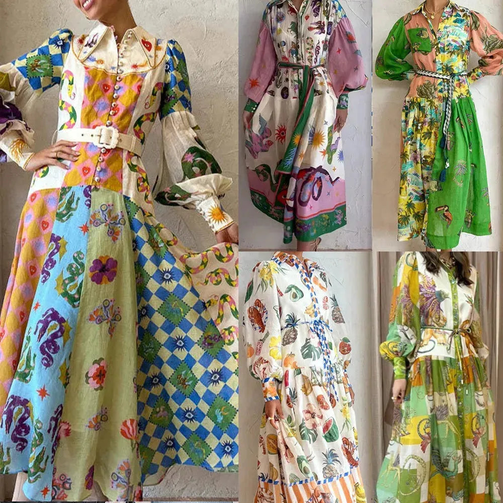 Print Holiday Women Beach Dress With Belts A-Line Long Lantern Sleeve Single Breasted Lapel Seaside Dresses Robe - EX-STOCK CANADA