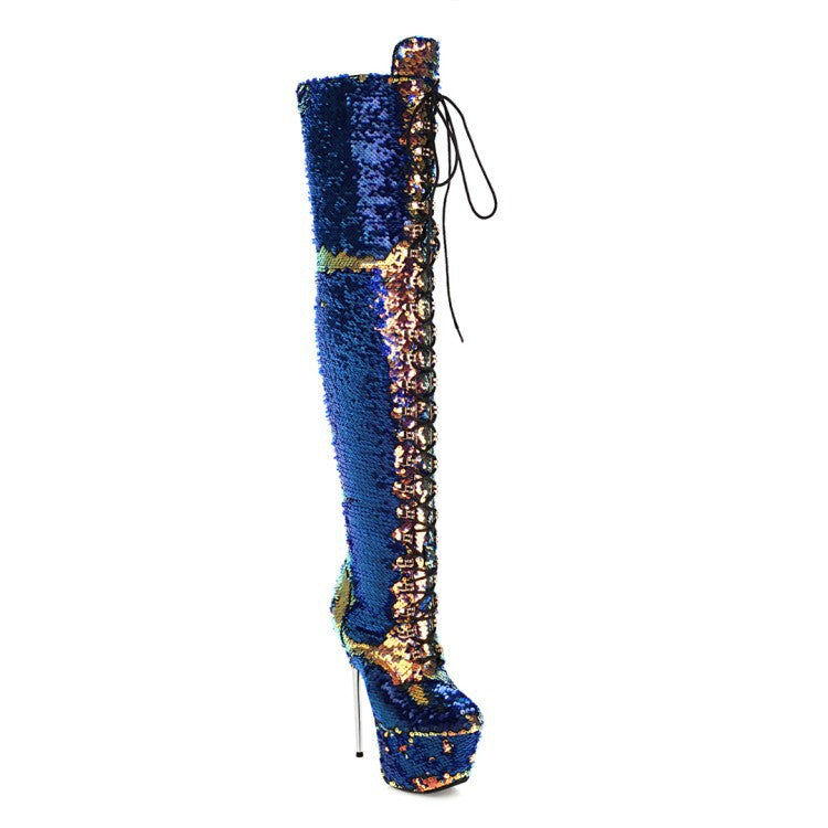 A single over-the-knee high-heeled boot covered in blue sequins, with gold sequins and black lace-up detailing running down the side, shown against a plain white background.