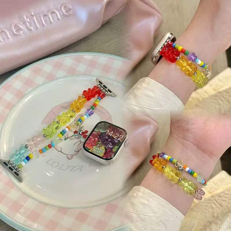 Rainbow Bear Watch Strap for Huawei – front view showing rainbow bear and starfish charms