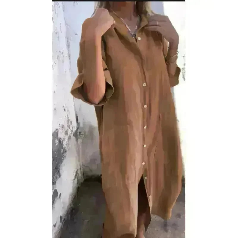 Women Loose Casual Half Sleeve Cotton Linen Buttoned down  Shirt Dress - EX-STOCK CANADA