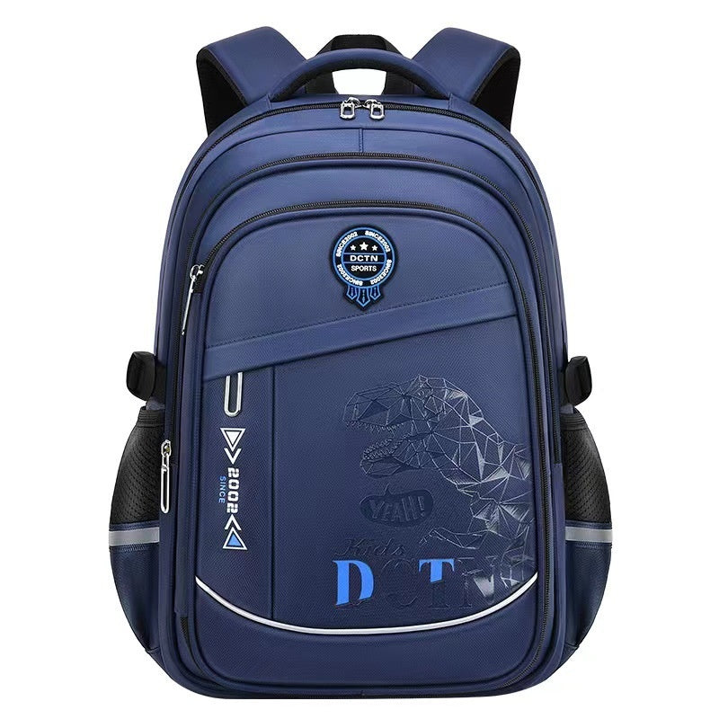 Blue backpack with branding on a white background