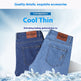 Two pairs of blue denim jeans shown from the back, with a white and icy blue promotional background and text reading 'Cool Thin' and 'Refreshing feeling, gathered into ice.'.
