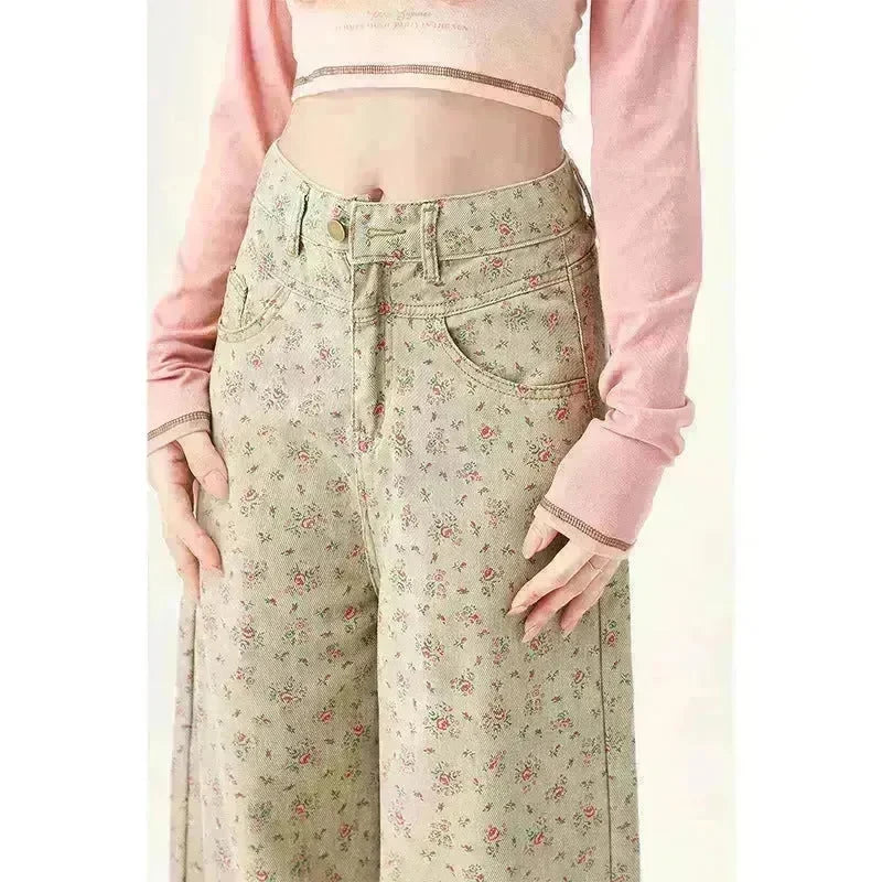 Mint Mambo Green Floral Baggy Jeans Pant For Women - EX-STOCK CANADA