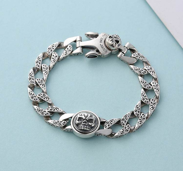 Sterling Silver Ornament Men's Trendy Rotating Skull Retro Fashion Tang Grass Pattern Bracelet EX-STOCK Canada 