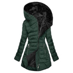 Green puffer jacket with black interior on a white background