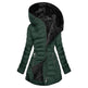 Green puffer jacket with black interior on a white background